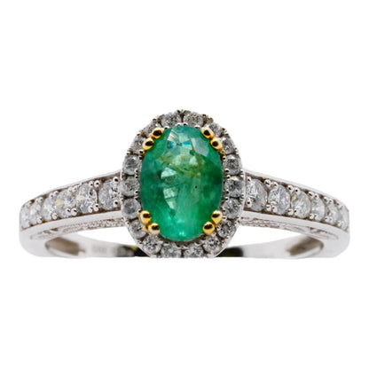 14K White Gold Oval Emerald Cocktail Ring With Diamond Halo And Shank