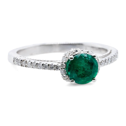 14K White Gold Round Emerald With Diamond Accents Cocktail Ring