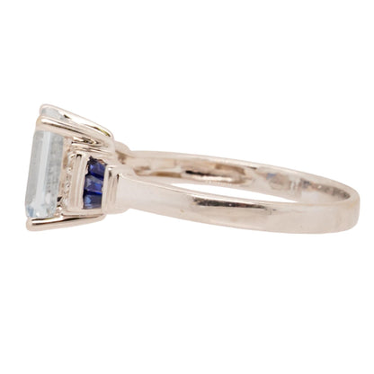 14K White Gold Emerald Shaped Aquamarine With Diamond And Sapphire Accents Band