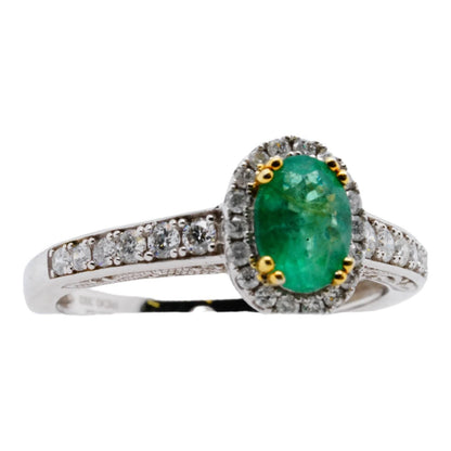 14K White Gold Oval Emerald Cocktail Ring With Diamond Halo And Shank