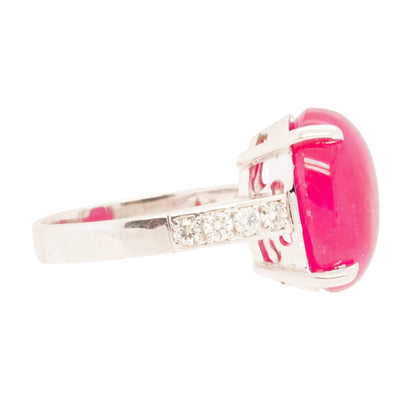 14K White Gold Ruby Cabochon With Diamond Accented Shank Ring