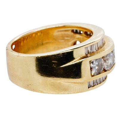 14K Gold Round And Baguette Three Row Diamond Wide Band