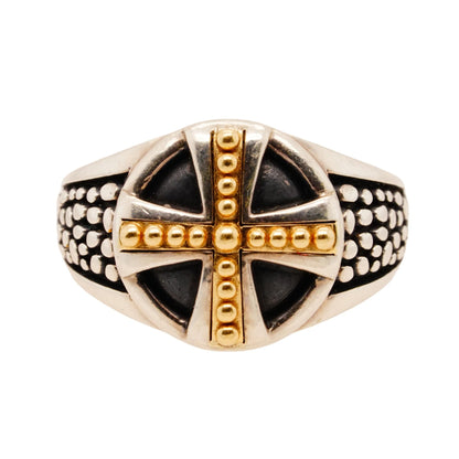 Sterling Silver Matrix Cross Signet Band With 14K Gold Accent