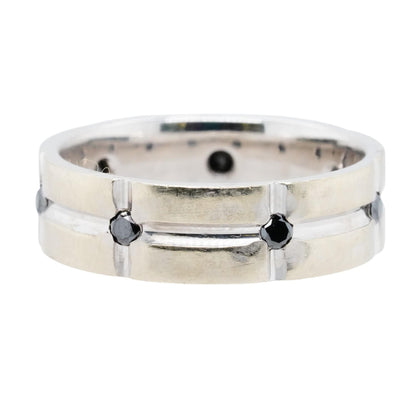 14K White Gold Grooved Band With Black Diamonds