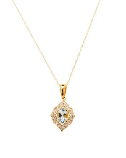 10K Gold Diamond Accented Oval Aquamarine Pendant Necklace