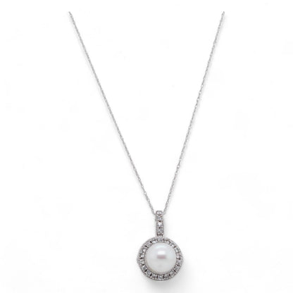 14K White Gold Pearl With White Sapphire Halo Pendant Necklace