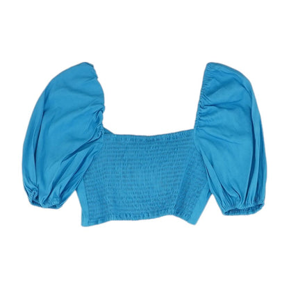 Blue Solid Cropped Knit Top