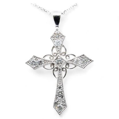 14K White Gold Diamond Ornate Cross With Milgrain Detail Pendant Necklace