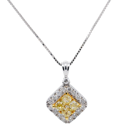 14K White Gold Enhanced Yellow Diamond Cluster With Accents Pendant Necklace