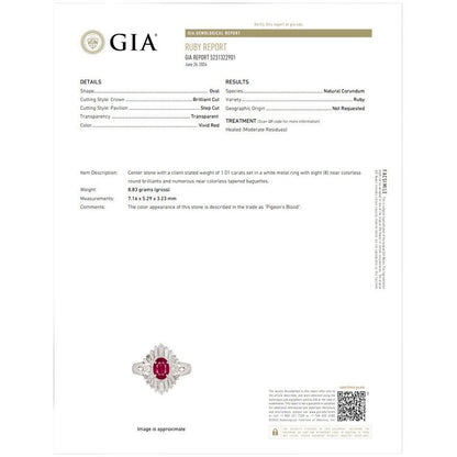 Platinum Oval Red Ruby With Round And Baguette Diamond Ballerina Halo Ring