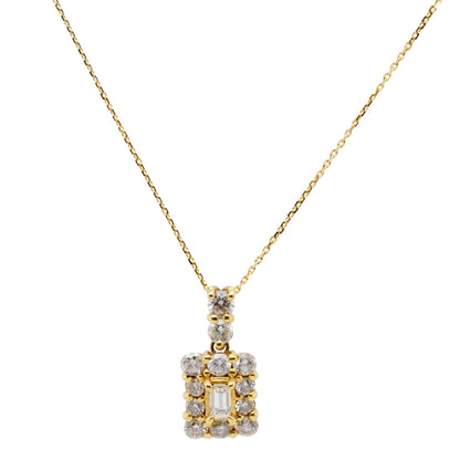 18K Gold Step Cut Center Diamond With Halo Pendant Necklace