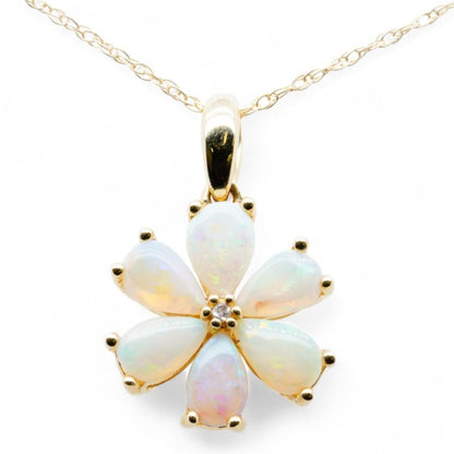 14K Gold Flower Opal Pendant Necklace With Diamond Center