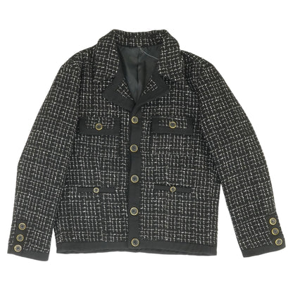 Black Check Cropped Silk Twill-Trimmed Boucle Jacket