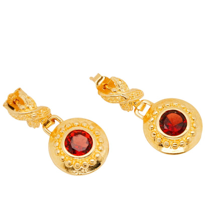 14K Gold Etruscan Style Round Garnet Dangle Earrings