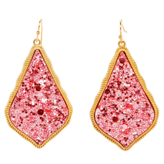 Gold Tone Frame Pink Drusy Drop Earrings