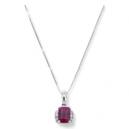 14K White Gold Emerald Shaped Ruby With Diamond Accents Pendant Necklace