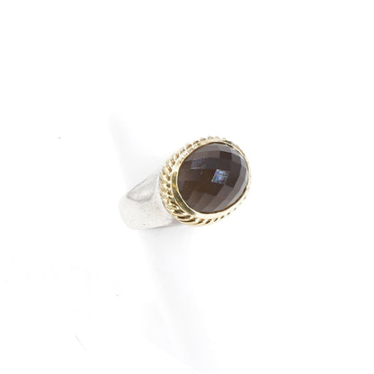 Sterling Silver Retired Signature Oval Faceted Smokey Topaz Ring With 18K Bezel