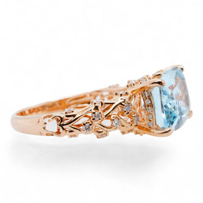 14K Rose Gold Ornate Set Rectangular Blue Stone With Diamond Accents Ring