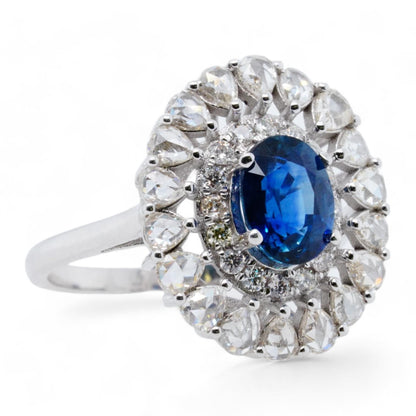 18K White Gold Oval Blue Sapphire With Diamond Halos Cocktail Ring