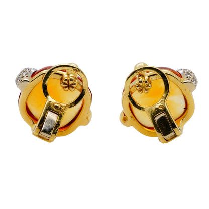 18K Gold Square Cabochon Clip On Earrings With Diamond Accents