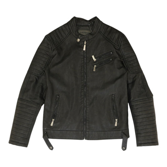 Black Solid Faux Leather Jacket