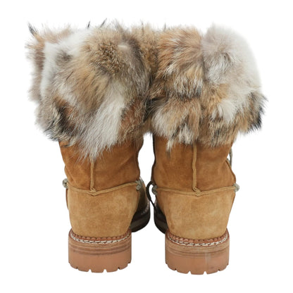 Tan Suede Fur-Trimmed Lace-Up Boots