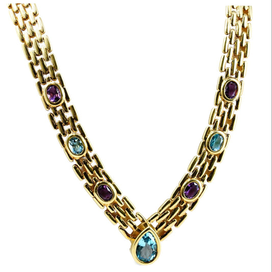 14K Gold Oval Multi Color Stones Panther Link Necklace