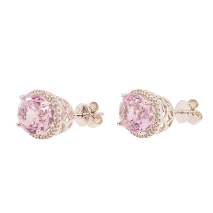 14K White Gold Oval Kunzite With Diamond Halo Stud Earrings