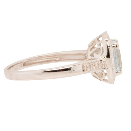 14K White Gold Cushion Cut Aquamarine With Diamond Halo And Accents Ring