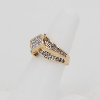 10K Gold Ring with Square Diamond Pave Center and Round Diamond Row Bypass