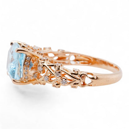 14K Rose Gold Ornate Set Rectangular Blue Stone With Diamond Accents Ring