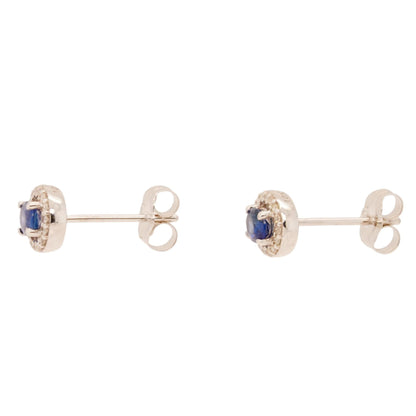 10K White Gold Oval Blue Sapphire With Diamond Halo Stud Earrings