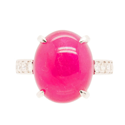 14K White Gold Ruby Cabochon With Diamond Accented Shank Ring