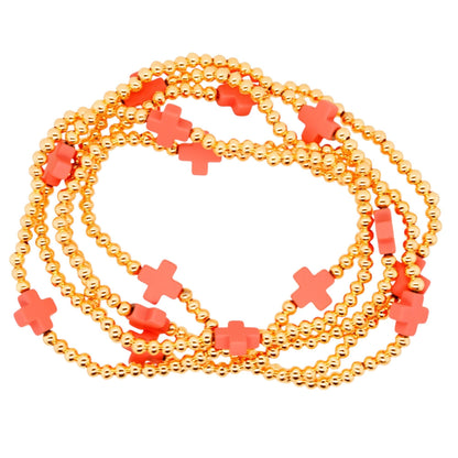 Gold Tone Red Crosses Stacking Bead Bracelets