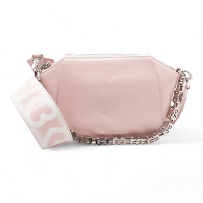 XS Antigona Bag in Leather with Tag Effect Heart Print and Chain in Pink