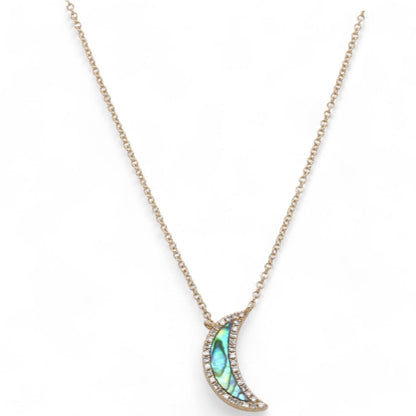 14K Gold Abalone Shell And Diamond Crescent Moon Pendant Necklace