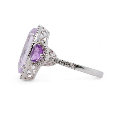 14K White Gold Marquise And Heart Three Stone Amethyst With Diamond Accents Ring