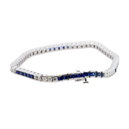 14K White Gold Round Diamond And Square Blue Sapphire Line Bracelet