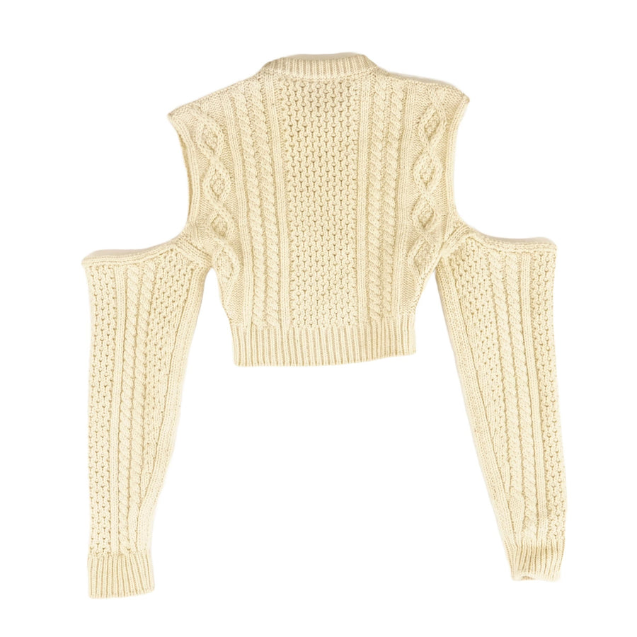 Tan Solid Cropped Cut-Out Shoulders Sweater | Unclaimed Baggage