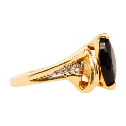 10K Gold Marquise Black Stone Cocktail Ring With Diamond Accents