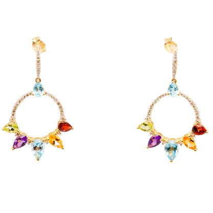 14K Gold Circle With Precious Gemstones And Diamond Dangle Earrings