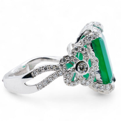 Platinum Emerald With Diamond Flower Accents Ring