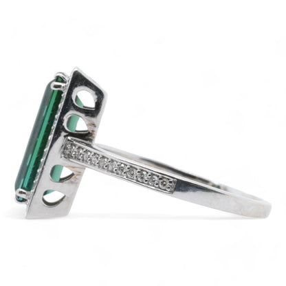 18K White Gold Elongated Green Tourmaline With Diamond Accents Ring