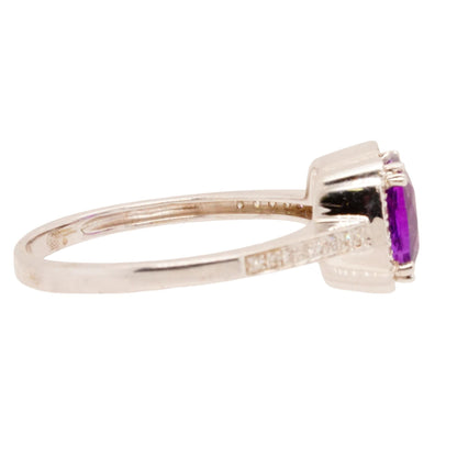 14K White Gold Cushion Shape Amethyst With Diamond Halo Ring