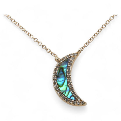 14K Gold Abalone Shell And Diamond Crescent Moon Pendant Necklace