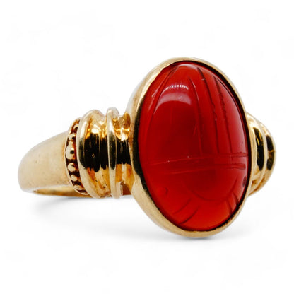 10K Gold Mid Egyptian Revival Carved Carnelian Scarab Ring