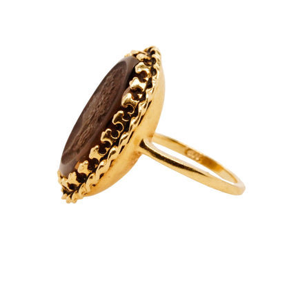 14K Gold Brown Stone Carved Cameo Cocktail Ring