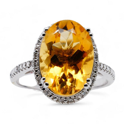 14K White Gold Citrine With Diamond Halo Cocktail Ring