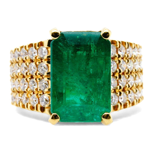 18K Gold Emerald With Four Rows Of Diamonds Cocktail Ring