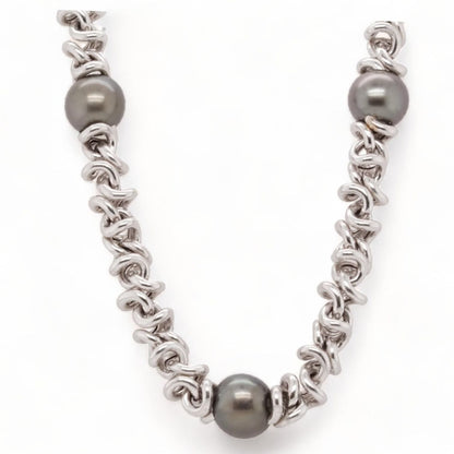 18K White Gold Fancy Link With Three Grey Pearl Stations Necklace